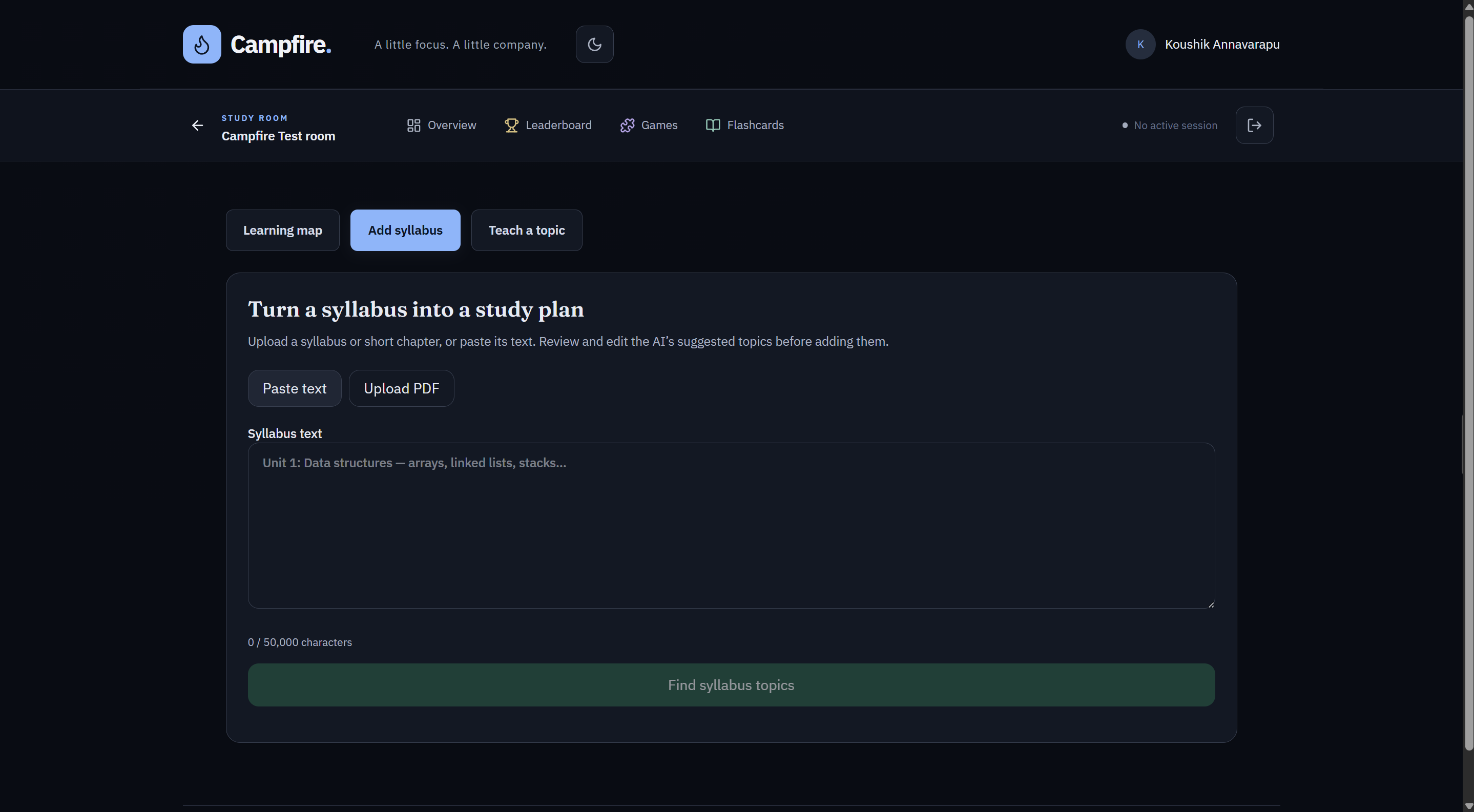 Syllabus upload screen