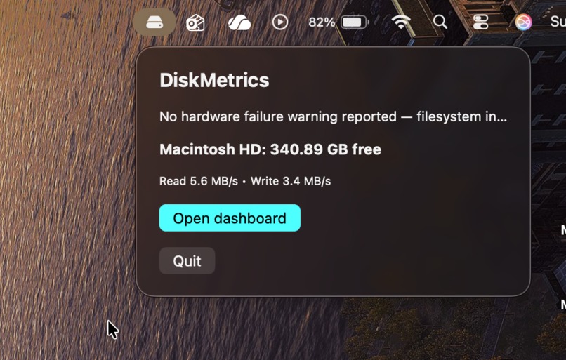 DiskMetrics menu bar popup